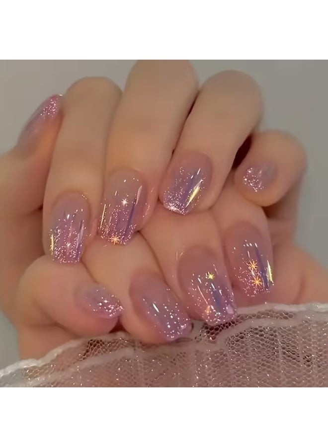 Goolsky 24 قطعة أظافر باليه قصيرة لامعة - تدرج أرجواني أورا مع نجوم لامعة ذهبية - Image 1