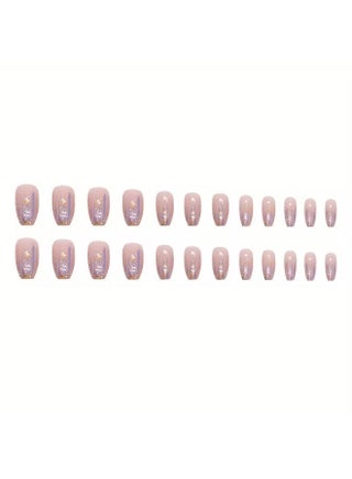 24pcs Glossy Short Ballet Press On Nails - Aurora Purple Gradient with Golden Glitter Stars, Shimmer False Nails for Women - view 3