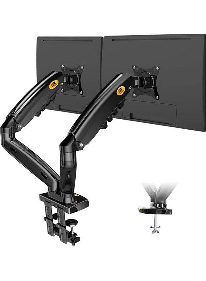 Fully mobile dual-monitor desktop stand with adjustable gas spring arm for 17-27 inch monitors to create a comfortable and organized workspace. - Image 1