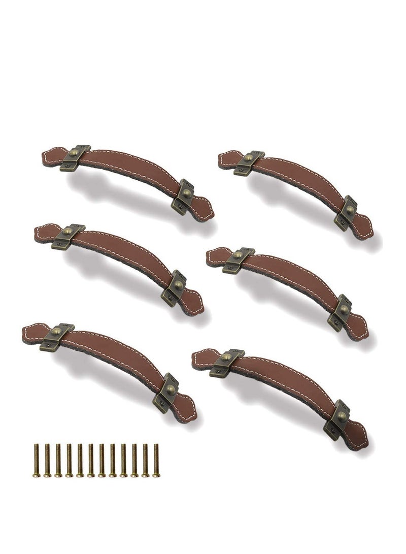 6 Piece Surface Leather Furniture Handle 6.3" 16 cm Vintage Style Strong Leather Handle Pull for Drawer Cabinet PU Luggage Brown - Image 4