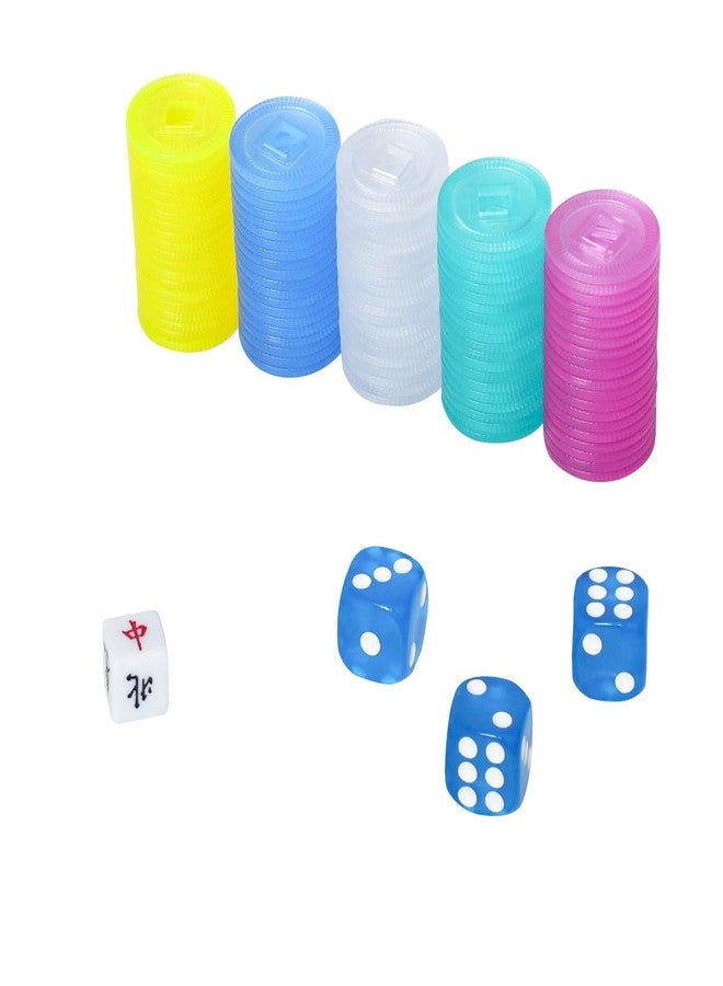 GUSTARIA Plastic Colored Mahjong Scoring Coins, 100pcs Chips for Mahjong Games, 5 Colors（Red, Yellow, Green, Blue, White） with 1 Indicator and 3 dice - Image 1