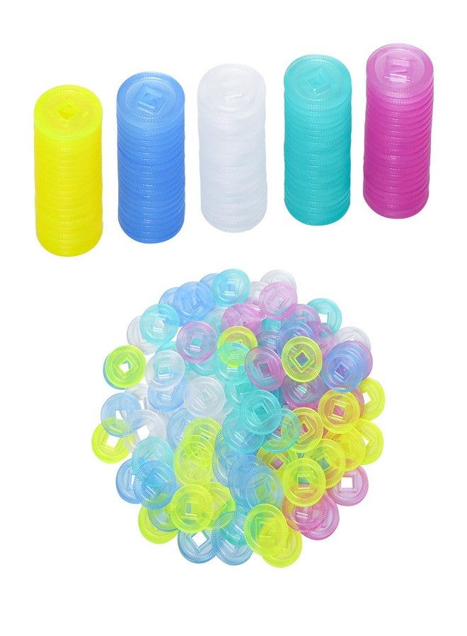 GUSTARIA Plastic Colored Mahjong Scoring Coins, 100pcs Chips for Mahjong Games, 5 Colors（Red, Yellow, Green, Blue, White） with 1 Indicator and 3 dice - Image 2