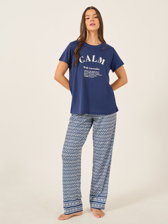 Styli Calm Slogan Print T-Shirt and Aztec Print Pyjama Set - Image 1