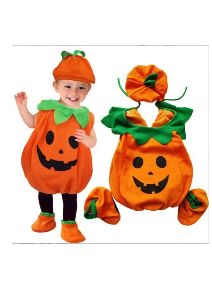 Golden Pumpkin Costume, Cosplay Costume,Sleeveless Pumpkin Romper,Fancy Dress Up Pumpkin Hat Candy Bag Shoses Kids Costumes for 0-5 Years Baby Boys Girls(100 cm) - Image 1