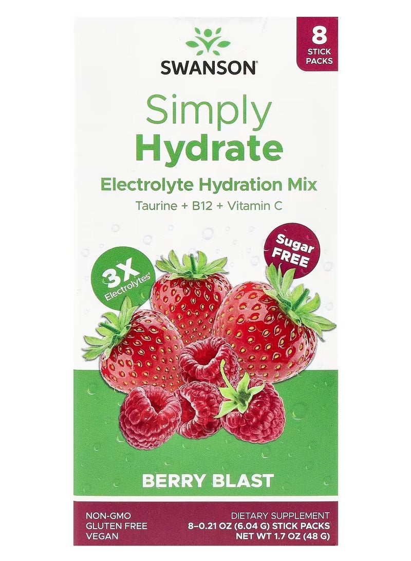 Swanson, Simply Hydrate, Electrolyte Hydration Mix, Berry Blast, 8 Stick Packs 0.21 oz (6.04 g) Each