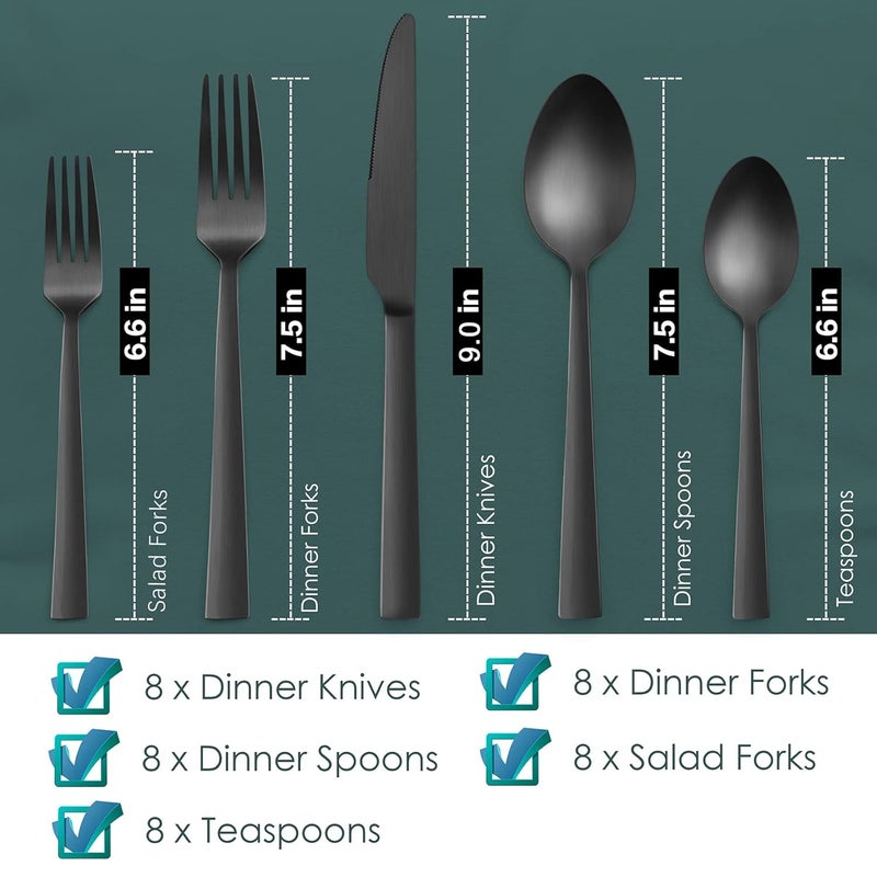 HaWare Black Silverware Set HaWare 40 Pieces Stainless Steel Square Flatware Cutlery Set for 8 Modern Tableware Eating Utensils for Kitchen Matte Finish Dishwasher Safe - Image 2