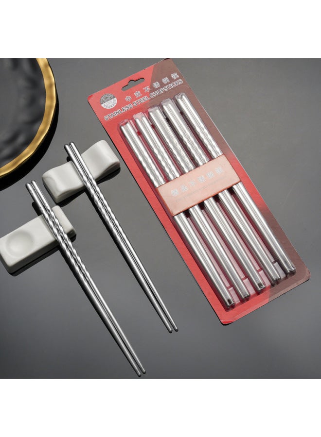 Household Stainless Steel Chopsticks Suction Card Boxed Threaded Chopsticks Five Pairs Canteen Restaurant Non-slip Round Chopsticks-Color:Five Pairs Of Bare Round Chopsticks  - Image 2