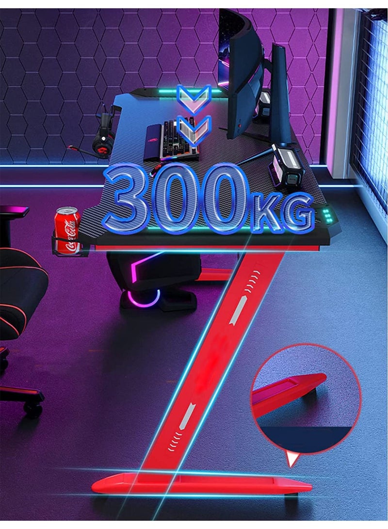 ليموس طاولة مكتب ألعاب مريحة مع مصابيح LED RGB مع سطح مكتب من ألياف الكربون وحامل أكواب وخطاف سماعة رأس باللون الأحمر - Image 3