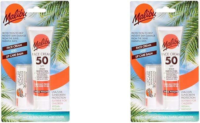 Malibu Sun Duo Pack SPF 50 Face Cream Sunscreen and SPF 30 Lip Balm Protection Water Resistant 2 Piece 40ml and 5g Pack of 2 - Image 1