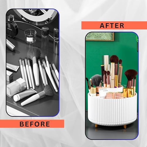 Hian 360° Rotating Makeup Brush Holder – White Cosmetic & Skincare Organizer for Vanity, Bathroom Countertop & Desktop – Multi-Compartment Storage Box, Durable Space-Saving Design – Pack of 1 - Image 4