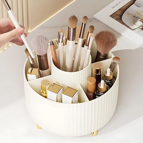 Hian 360° Rotating Makeup Brush Holder – White Cosmetic & Skincare Organizer for Vanity, Bathroom Countertop & Desktop – Multi-Compartment Storage Box, Durable Space-Saving Design – Pack of 1 - Image 5