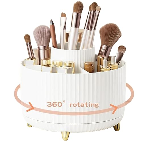 Hian 360° Rotating Makeup Brush Holder – White Cosmetic & Skincare Organizer for Vanity, Bathroom Countertop & Desktop – Multi-Compartment Storage Box, Durable Space-Saving Design – Pack of 1 - Image 1