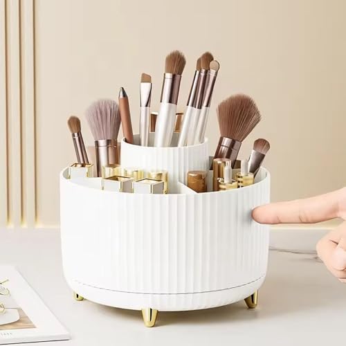 Hian 360° Rotating Makeup Brush Holder – White Cosmetic & Skincare Organizer for Vanity, Bathroom Countertop & Desktop – Multi-Compartment Storage Box, Durable Space-Saving Design – Pack of 1 - Image 2