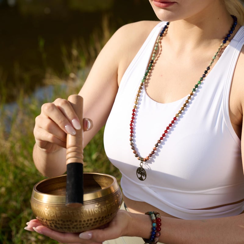 Bivei 7 Chakra 108 Mala Beads Bracelet Real Gemstone Yoga Meditation Hand Knotted Mala Prayer Bead Necklace(Lotus OM-6mm beads) - Image 2