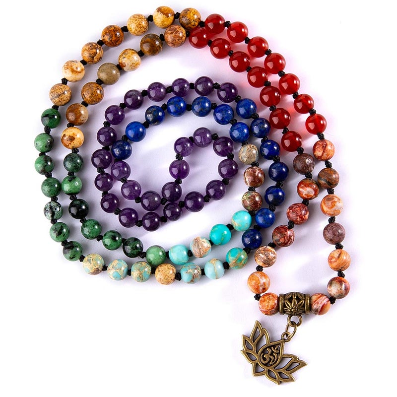 Bivei 7 Chakra 108 Mala Beads Bracelet Real Gemstone Yoga Meditation Hand Knotted Mala Prayer Bead Necklace(Lotus OM-6mm beads) - Image 1
