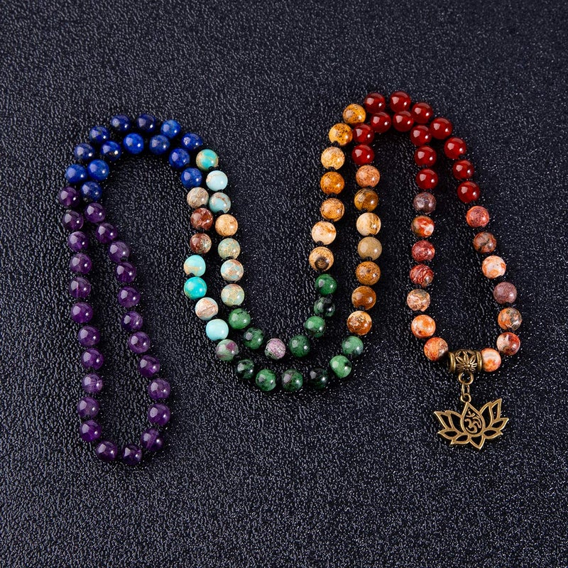 Bivei 7 Chakra 108 Mala Beads Bracelet Real Gemstone Yoga Meditation Hand Knotted Mala Prayer Bead Necklace(Lotus OM-6mm beads) - Image 4