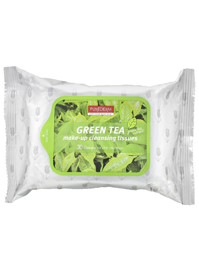 Pure Derm Purederm, Make-Up Cleansing Tissues, Green Tea, 30 Tissues  - Image 1