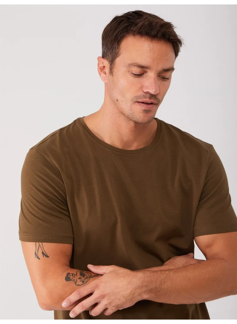 Dufy Khaki Men's Slim Fit Crew Neck Tshirt