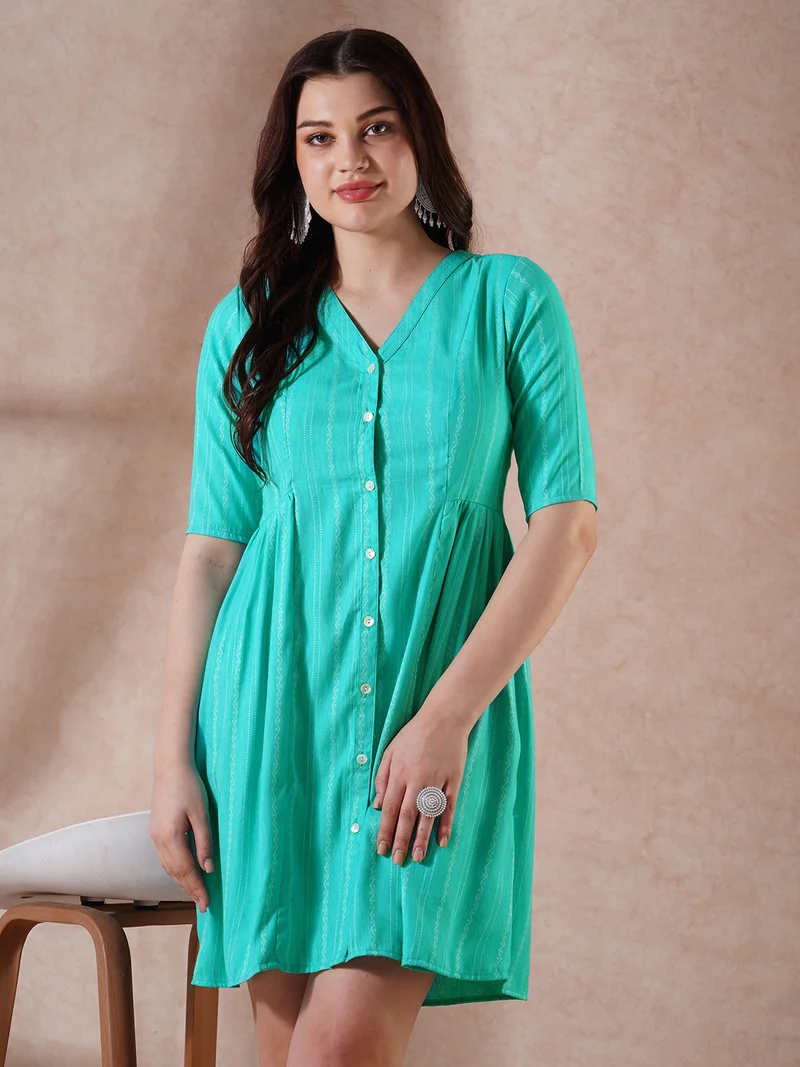 جلو باص Globus Women Sea Green Self Design V-Neck Embroidered Detail Button Down A-Line Mini Dress