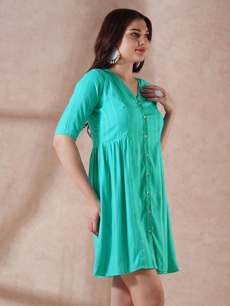 جلو باص Globus Women Sea Green Self Design V-Neck Embroidered Detail Button Down A-Line Mini Dress