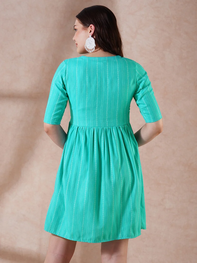 globus Women Sea Green Self Design V-Neck Embroidered Detail Button Down A-Line Mini Dress