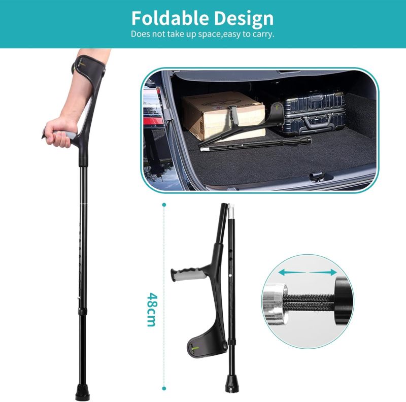 Forearm Crutches 1 Pair Black Lightweight Aircraft-Grade Aluminum Alloy Adjustable Height 31 to 36 Inches - Single-Handed Folding Design Ergonomic Elbow Crutches for Adult Active Recovery Travel - Image 4