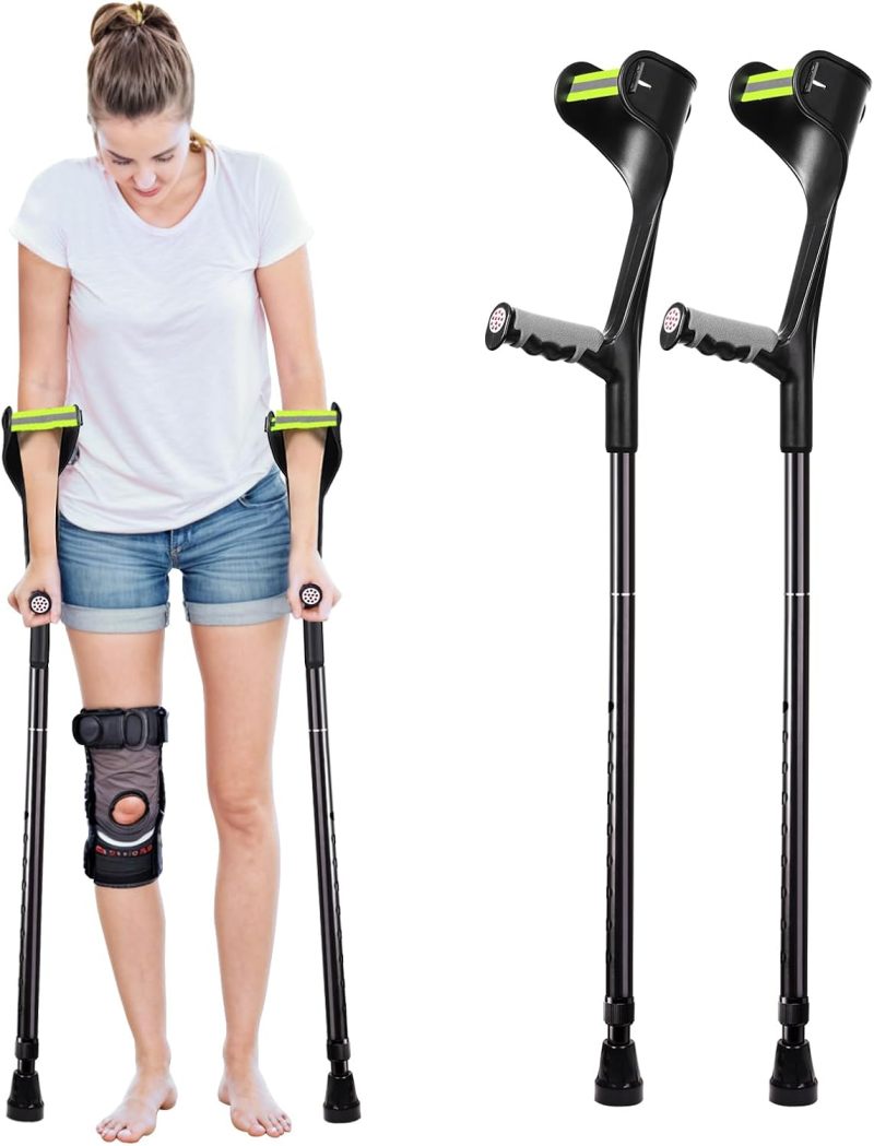 Forearm Crutches 1 Pair Black Lightweight Aircraft-Grade Aluminum Alloy Adjustable Height 31 to 36 Inches - Single-Handed Folding Design Ergonomic Elbow Crutches for Adult Active Recovery Travel - Image 1