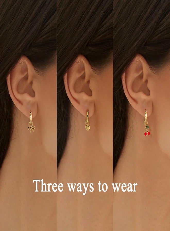 FAUTHENTICUTE Small Gold Huggie Hoops With Interchangeable Heart Bow Cherry Charms Mix and Match Drop Dangle Earring Pack Cute Charm Earrings Set - Image 2