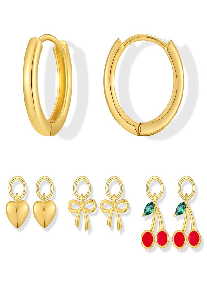 FAUTHENTICUTE Small Gold Huggie Hoops With Interchangeable Heart Bow Cherry Charms Mix and Match Drop Dangle Earring Pack Cute Charm Earrings Set - Image 1