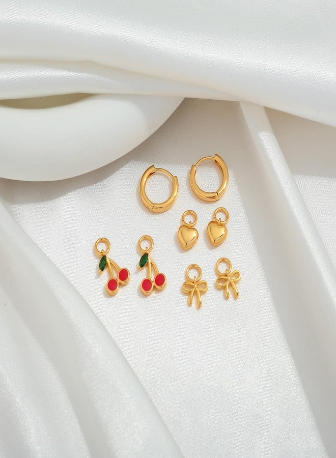 FAUTHENTICUTE Small Gold Huggie Hoops With Interchangeable Heart Bow Cherry Charms Mix and Match Drop Dangle Earring Pack Cute Charm Earrings Set - Image 4