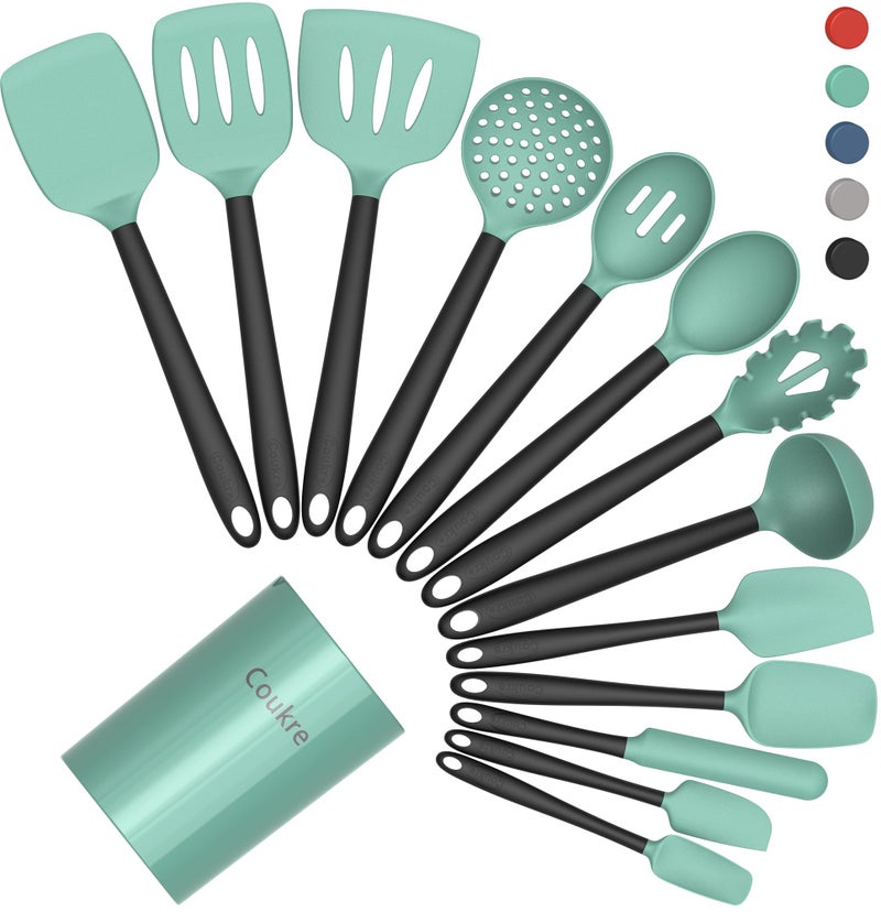 Coukre Silicone Kitchen Cooking Utensils Set with Holder â€“ Heat-Resistant, Food-Grade Kitchen Tools, Spatula, Spoon & Gadgets for Non-Stick Pans, Dishwasher Safe (14, AquaGreen) - Image 1