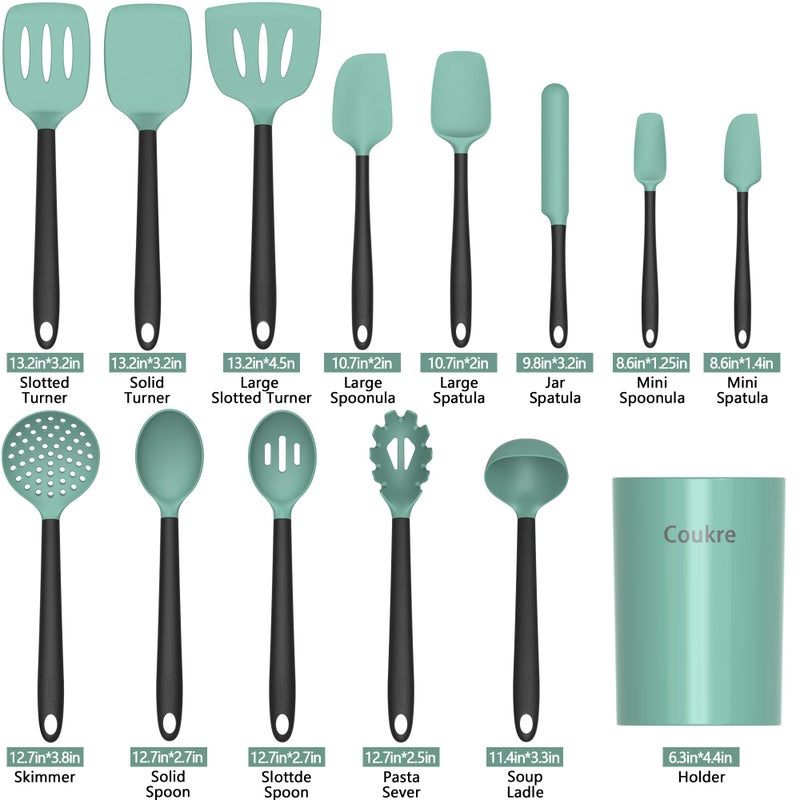 Coukre Silicone Kitchen Cooking Utensils Set with Holder â€“ Heat-Resistant, Food-Grade Kitchen Tools, Spatula, Spoon & Gadgets for Non-Stick Pans, Dishwasher Safe (14, AquaGreen) - Image 2