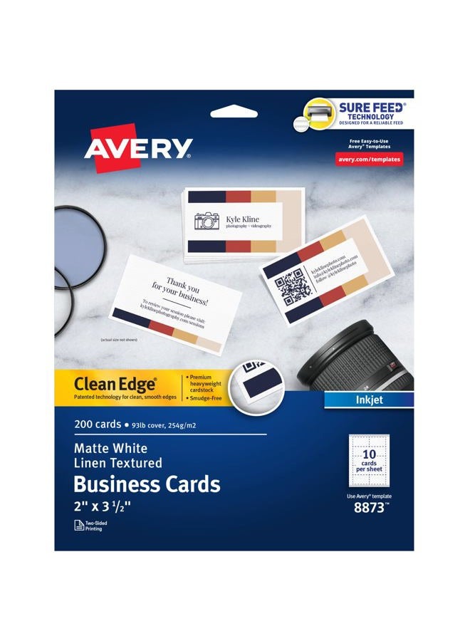 AVERY بطاقات عمل قابلة للطباعة، طابعات نفث الحبر، 200 بطاقة، 2 × 3.5، حافة نظيفة، وزن ثقيل، نسيج كتان (8873)، أبيض - Image 1