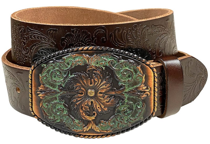 Belts.com Western Fashion Style Floral Engraved Buckle Full Grain Genuine Leather Belt 1-1/2" (38mm) Wide, Multi-Style Options (Brown, 32) - Image 1