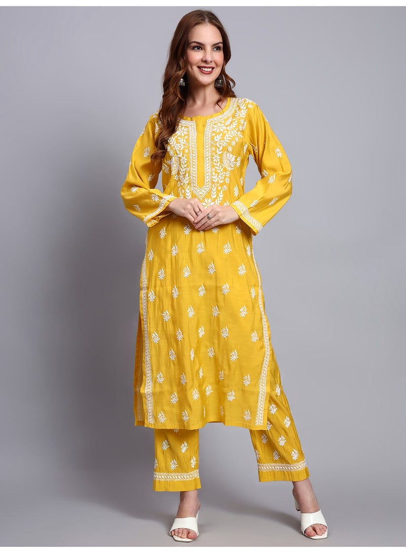 Alaya Hand Embroidered Chikankari Chanderi Kurta Set-AL4089KS - Image 1