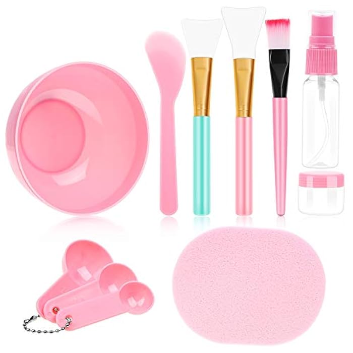 anezus 11 Pcs DIY Facial mask Mixing Tool Kit with Bowl Stick Spatula Silicone Brush Spray Bottle Puff Soaking Bottle Gauges (Pink) - Image 1