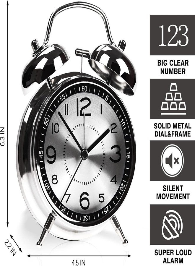 PRIMESKY ® Alarm Clock for Heavy Sleepers Loud Clock for Adults, Metal 4 Inches Twin Bell Table Clock with Backlight Alarm Clocks for Students Decoration Bedroom/Office (Metal Silver) - Image 2