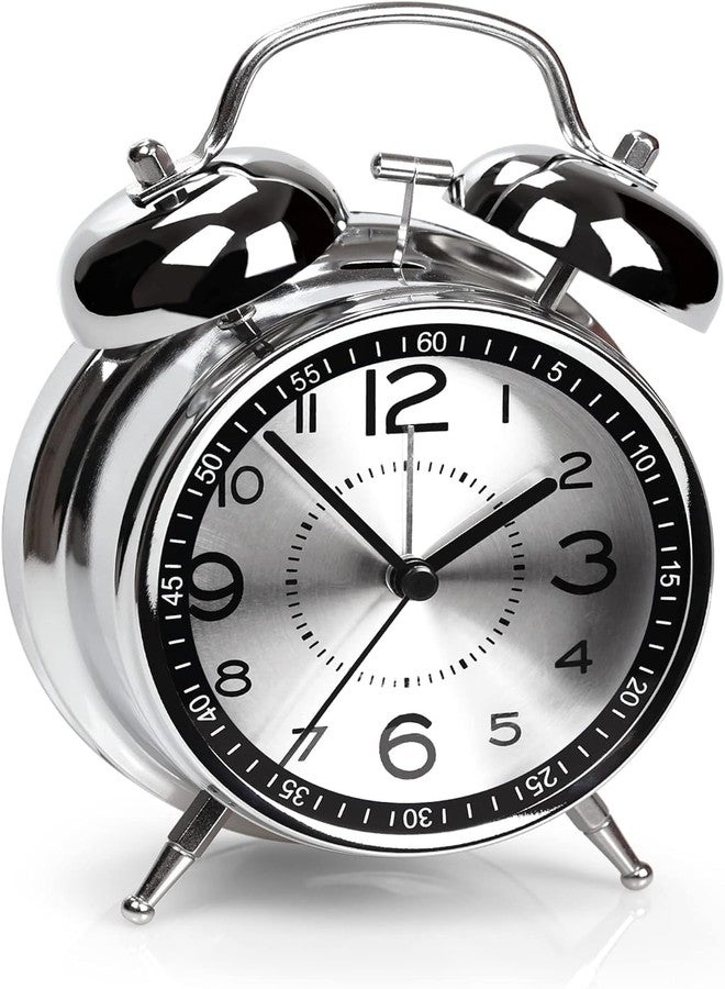 PRIMESKY ® Alarm Clock for Heavy Sleepers Loud Clock for Adults, Metal 4 Inches Twin Bell Table Clock with Backlight Alarm Clocks for Students Decoration Bedroom/Office (Metal Silver) - Image 1
