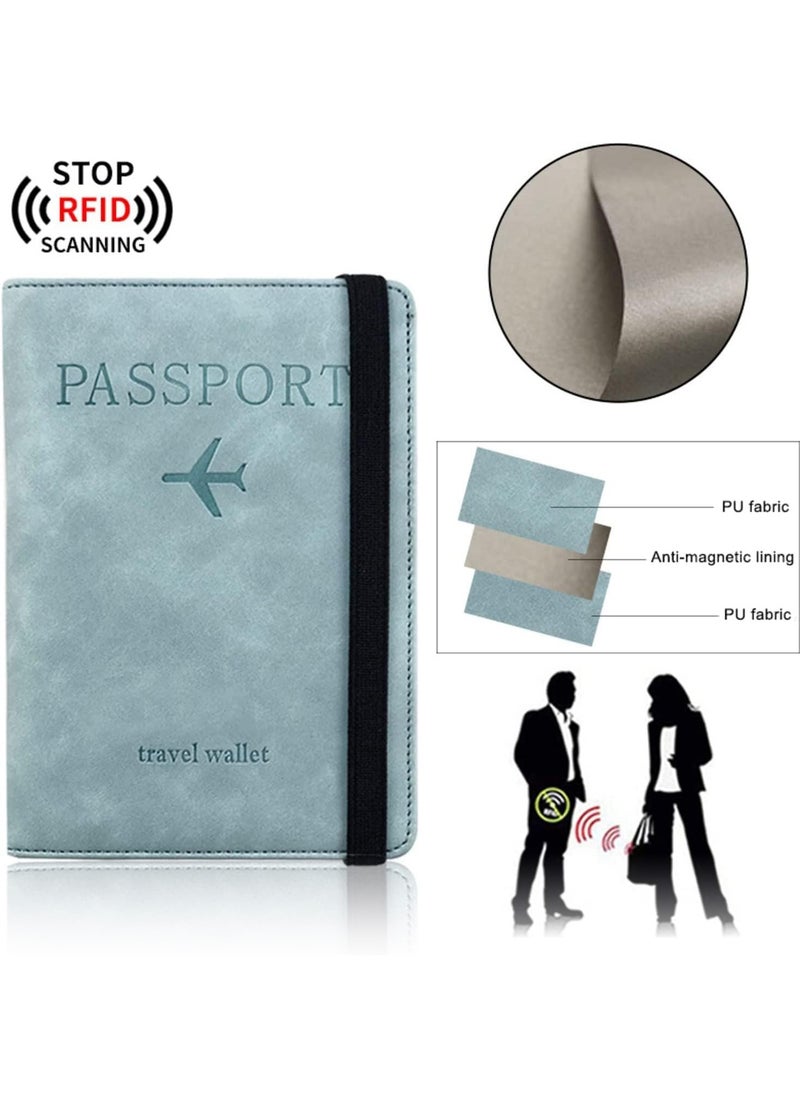 Beauenty Passport Holder With Luggage Tag Cover Wallet RFID Blocking Leather Case Travel Essentials Accessories Travel Must Have(Light Blue)  - Image 2