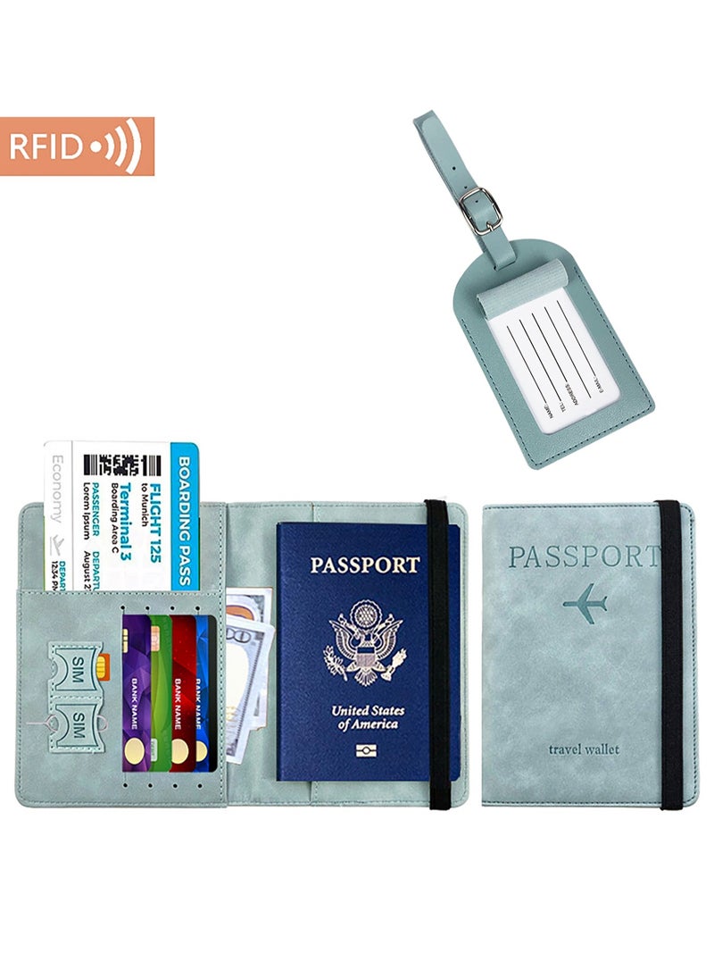 Beauenty Passport Holder With Luggage Tag Cover Wallet RFID Blocking Leather Case Travel Essentials Accessories Travel Must Have(Light Blue)  - Image 1