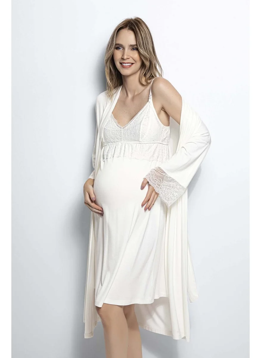 Monamise 18429 Pregnant Postpartum Dressing Nightgown Set - Ecru