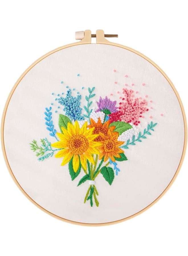 Yellow Flower Leaves Embroidery Kit Starter Set, Hand Embroidery Set,Pattern Printed Cross Stitch Set for Beginner Adults, with Embroidery Hoop and Instructions - Image 1