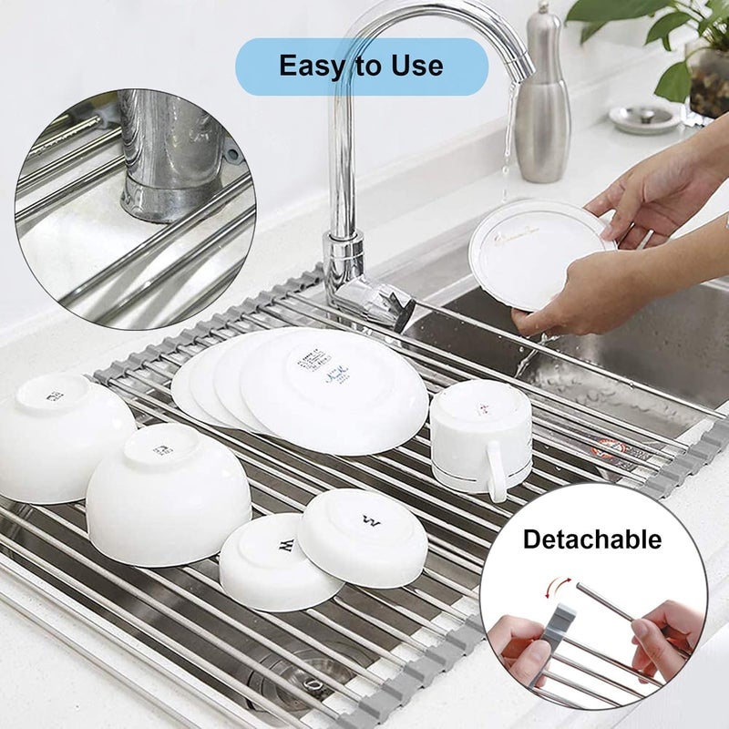 Searik Roll up Dish Drying Rack, Over The Sink Kitchen Sink Dish Rack Multipurpose Stainless Steel Dry Rack Dish Drainer Foldable Dish Drying Rack for Sink Counter (20.5"x13.8") - Image 4