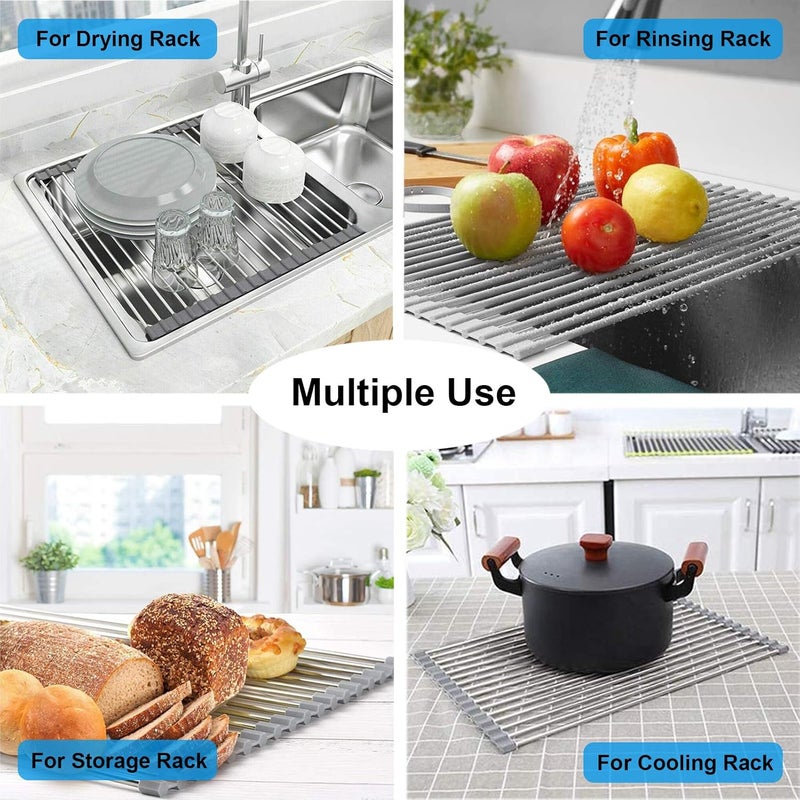 Searik Roll up Dish Drying Rack, Over The Sink Kitchen Sink Dish Rack Multipurpose Stainless Steel Dry Rack Dish Drainer Foldable Dish Drying Rack for Sink Counter (20.5"x13.8") - Image 5