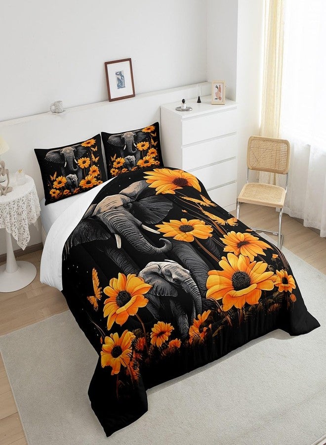 Homewish Elephant Comforter Set Queen Size,Tropical African Wild Animal Bedding Set for Women Adult,Starry Galaxy Sunflowers Butterfly Luxury Bed Duvet Insert, 2 Pillowcases - Image 2