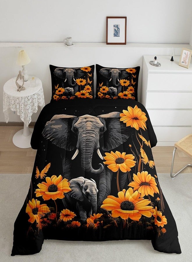 Homewish Elephant Comforter Set Queen Size,Tropical African Wild Animal Bedding Set for Women Adult,Starry Galaxy Sunflowers Butterfly Luxury Bed Duvet Insert, 2 Pillowcases - Image 1