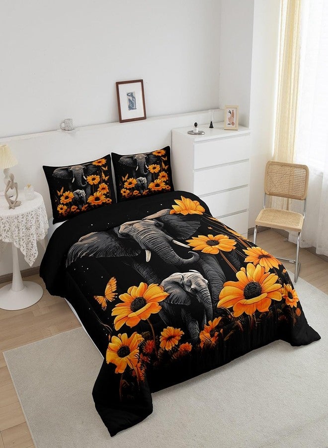 Homewish Elephant Comforter Set Queen Size,Tropical African Wild Animal Bedding Set for Women Adult,Starry Galaxy Sunflowers Butterfly Luxury Bed Duvet Insert, 2 Pillowcases - Image 3
