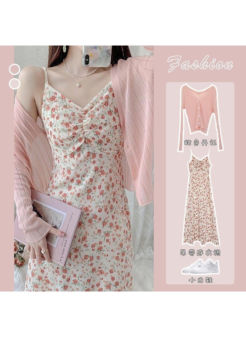 Generic Elegant Style Womens Summer Floral Tank Dress Romantic Sweet Slimming Fresh French Tank Dress Sleeveless Vestido De Verano Pink Cardigan  - Image 1