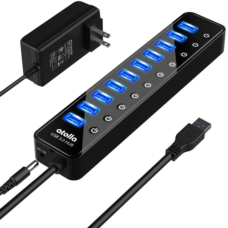 atolla Powered USB 3.0 Hub, atolla 10 Ports USB Data Hub Splitter with Individual ON/Off Switches and 12V/2.5A Power Adapter USB Extension for Mouse, Keyboard, Hard Drive or More USB Devices - Image 1