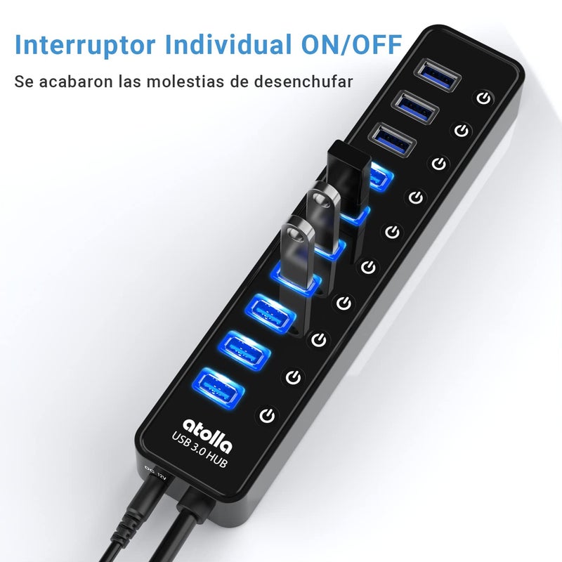 atolla Powered USB 3.0 Hub, atolla 10 Ports USB Data Hub Splitter with Individual ON/Off Switches and 12V/2.5A Power Adapter USB Extension for Mouse, Keyboard, Hard Drive or More USB Devices - Image 4